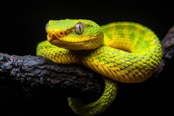 Fototapeta premium The Yellow White-lipped Pit Viper (Trimeresurus insularis) closeup on branch with black background, generative ai