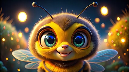 Obraz premium A bright and cheerful cartoon bumblebee with oversized, sparkling eyes and a joyful grin, ideal for engaging children's