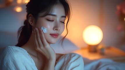 An elegant nighttime portrait of an Asian woman gently massaging night cream into her face, her skin glowing under the warm light of a bedside lamp, minimalist bedroom background with warm tones,