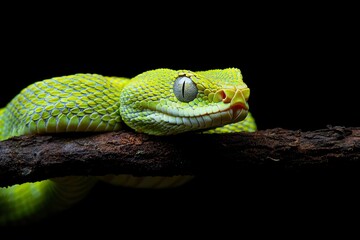 Fototapeta premium The Yellow White-lipped Pit Viper (Trimeresurus insularis) closeup on branch with black background, generative ai