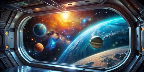 Captivating View from a Spaceship Window Showcasing Stars and Planets in the Vast Universe