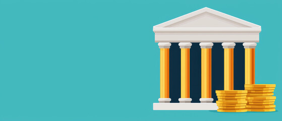 A bank building with columns and a pile of gold coins