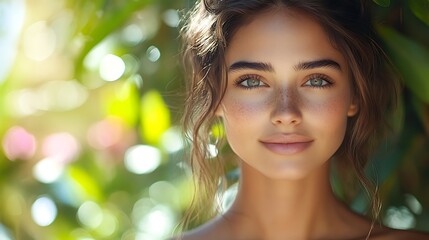 Fototapeta premium Close-up of a young woman with flawless skin, her face glowing under the warm sunlight, vibrant outdoor background with lush greenery and flowers softly blurred,