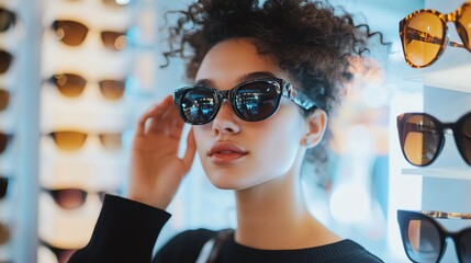 A woman trying on sunglasses in a store.