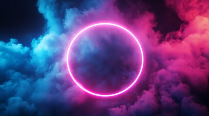 Fototapeta premium A glowing pink neon circle in a dark smoky background with pink and blue lighting.