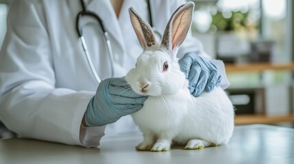 Obraz premium A dynamic photo of a veterinarian treating a rabbit in a clinic, using gentle hands and a soothing approach, emphasizing the care provided to small animals.