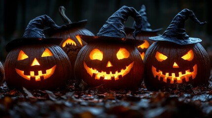 Glowing Jack-o'-Lanterns with Witch Hats in a Spooky Halloween Forest