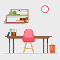 Flat illustration working table space with books and clock