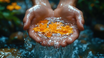 Fototapeta premium Refreshing Waterfall Splash in Hands from a Pure Mountain Stream for a Nature Inspired Theme