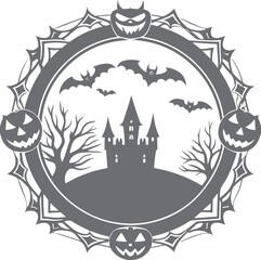 Halloween border silhouette illustration for tree bat pumpkin and house
