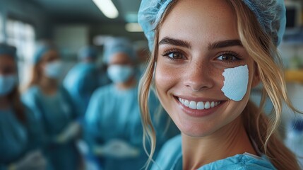 happy woman with plaster on arm after vaccination in hospital taking selfie