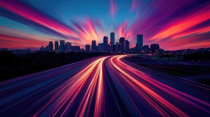 Fototapeta premium A dynamic shot of a car speeding down an elevated expressway at sunset, with the sky painted in vibrant colors and the city skyline in the background.