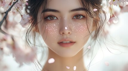 Close-up of an Asian woman with glowing skin, cherry blossoms framing her face, soft pink petals gently falling around her, natural lighting creating a radiant glow,