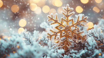 A Golden Snowflake Decoration Amidst Snowy Pine Branches and Glowing Lights at Wintertime