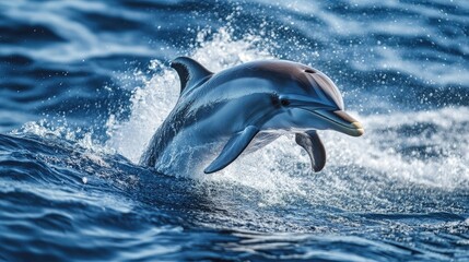 Fototapeta premium A dynamic shot of a dolphin breaching the surface with its mouth open, splashing water around, capturing the excitement and vitality of ocean life.