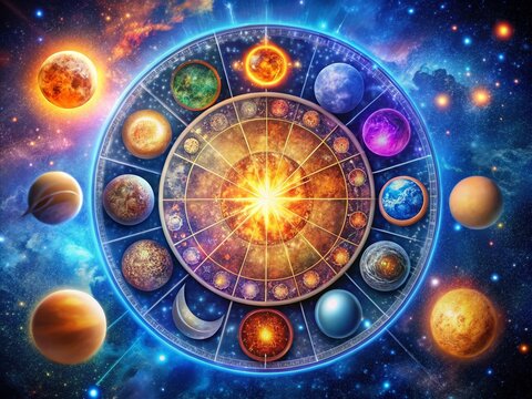 Celestial Astrology Graphics with Zodiac Signs, Planets, and Cosmic Patterns for Spiritual Design Projects