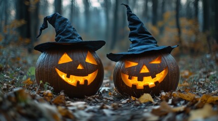 Naklejka premium Glowing Jack-o'-Lanterns with Witch Hats in a Spooky Halloween Forest