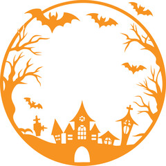 Halloween border silhouette illustration for tree bat pumpkin and house