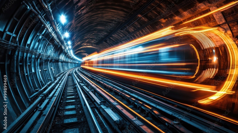 Poster a dynamic view of a subway train entering a well-lit tunnel, showcasing the motion and speed as it t
