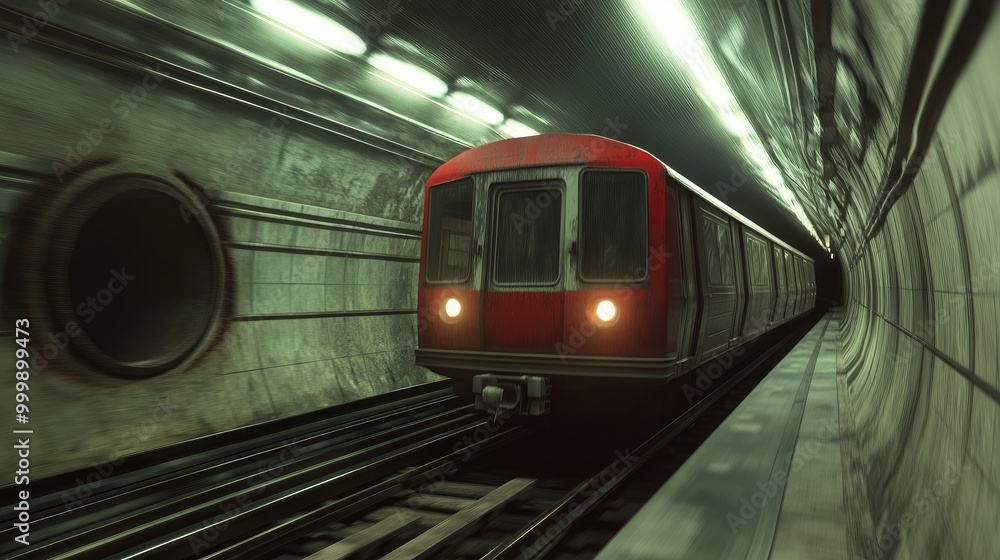 Poster a dynamic view of a subway train entering a well-lit tunnel, showcasing the motion and speed as it t
