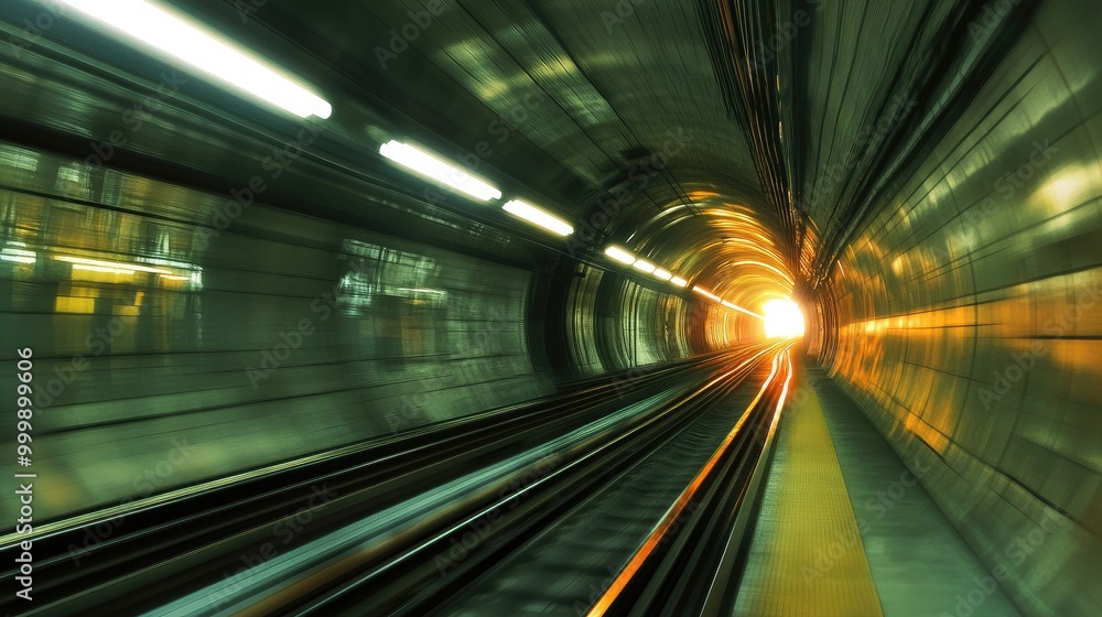 Poster a dynamic view of a subway train entering a well-lit tunnel, showcasing the motion and speed as it t