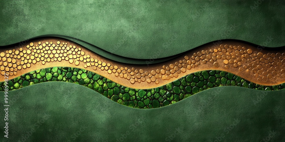 Poster Abstract Green and Gold Textured Background with Wavy Lines and Circular Patterns