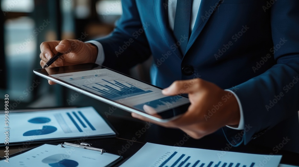 Poster a financial advisor discussing investment options with a client, using a tablet to illustrate market