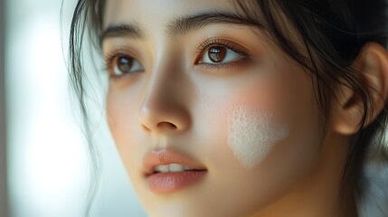 Close-up of an Asian woman’s radiant skin as she applies a cooling gel, the texture of the gel glistening in the soft light, her skin smooth and refreshed,