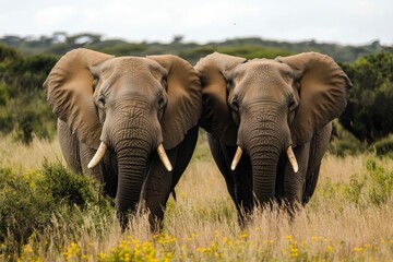 Fototapeta premium Two elephants in the field of south africa..generative ai