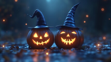 Fototapeta premium Glowing Jack-o'-Lanterns with Witch Hats in a Spooky Halloween Forest