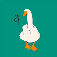 Cute white Goose or duck. Funny character. Abstract, quirky, cartoon modern style. Hand drawn trendy Vector illustration. Isolated design element. Icon, logo, print template