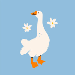 Cute white Goose or duck. Funny character. Abstract, quirky, cartoon modern style. Hand drawn trendy Vector illustration. Isolated design element. Icon, logo, print template