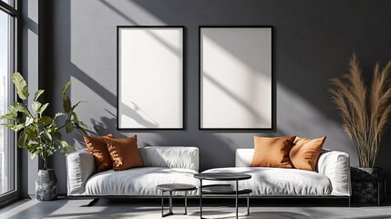 Two Mockup poster frame close up on wall, 3d render

