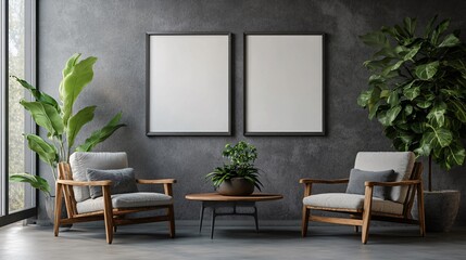 Two Mockup poster frame close up on wall, 3d render

