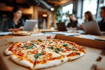 A delicious pizza topped with fresh ingredients, enjoyed during a team meeting in a modern office setting.