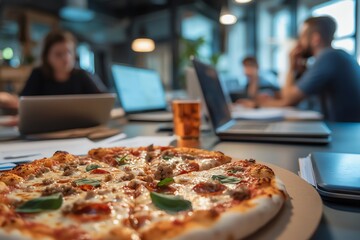 A delicious pizza served in a modern workspace, perfect for team meetings or casual lunches among...