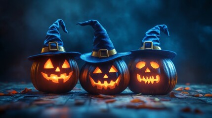 Fototapeta premium Glowing Jack-o'-Lanterns with Witch Hats in a Spooky Halloween Forest