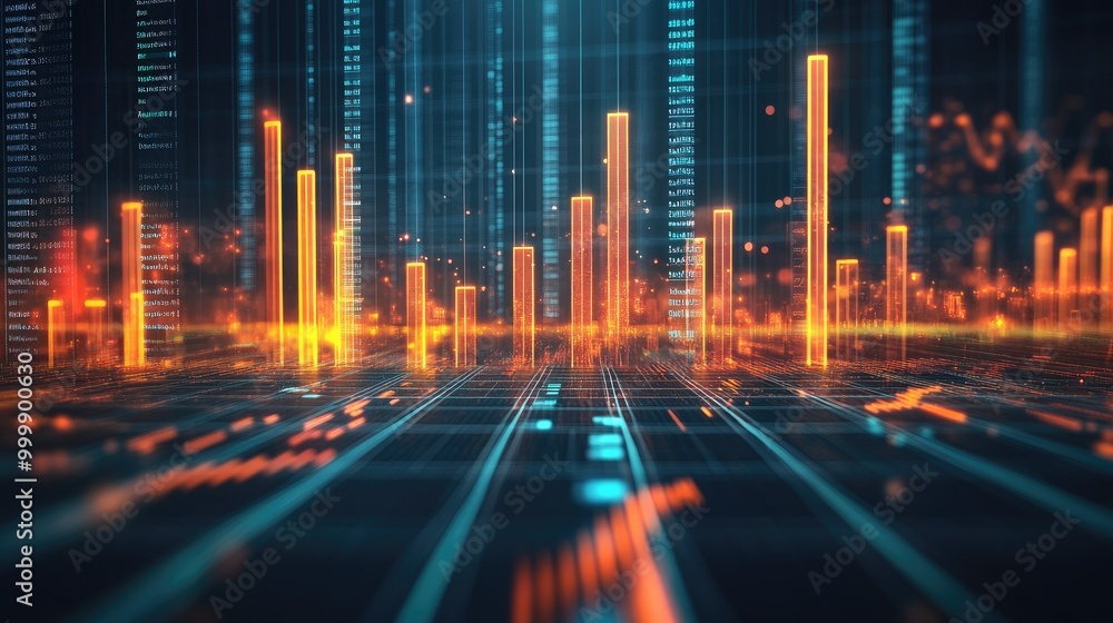 Poster a futuristic 3d bar chart displaying rising financial data, with glowing bars and grid lines, repres