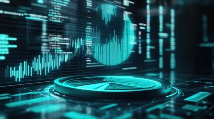 Obraz premium A futuristic 3D pie chart rotating slowly, with different sections representing stock market shares, against a digital financial background.