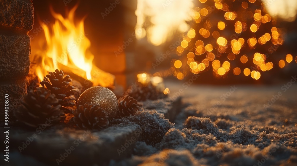Poster golden ornament and pine cones resting beside a warm fireplace with a blurred background of a festiv