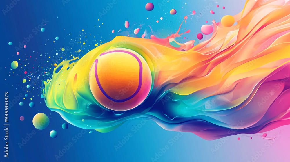 Poster a colorful abstract representation of a tennis ball in motion with vibrant flowing patterns