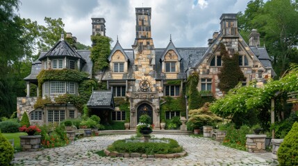 Stone Mansion with Lush Greenery