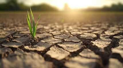 Single green grass sprout in dry cracked soil under sunlight.