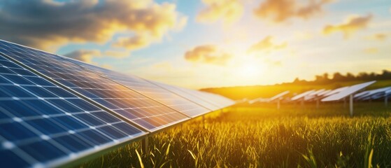 Solar panels in a green field under a vibrant sunset sky.