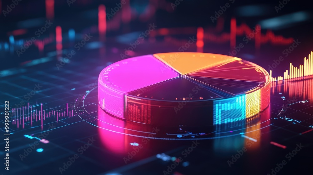 Poster a glowing 3d pie chart with financial labels showing investment diversification, with each segment r