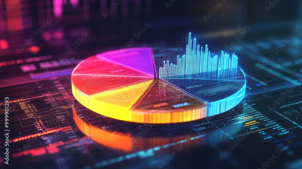 Poster a glowing 3d pie chart with financial labels showing investment diversification, with each segment r