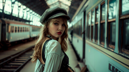 stylish woman poses at vintage train station, showcasing blend of modern and retro fashion. Her confident expression and unique outfit create captivating atmosphere