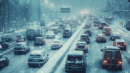 Fototapeta premium A gripping scene of heavy snowfall causing traffic chaos on a highway, with stranded vehicles and snow-covered roads, capturing the challenges of winter weather.