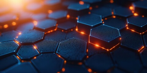 A  close-up of a textured, metallic honeycomb pattern with orange highlights, evoking a sense of modern architecture and futuristic technology.