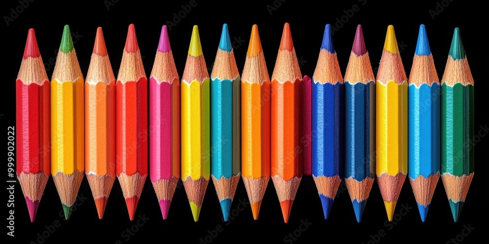 Aufkleber A row of sharpened colored pencils arranged in a rainbow pattern on a black background